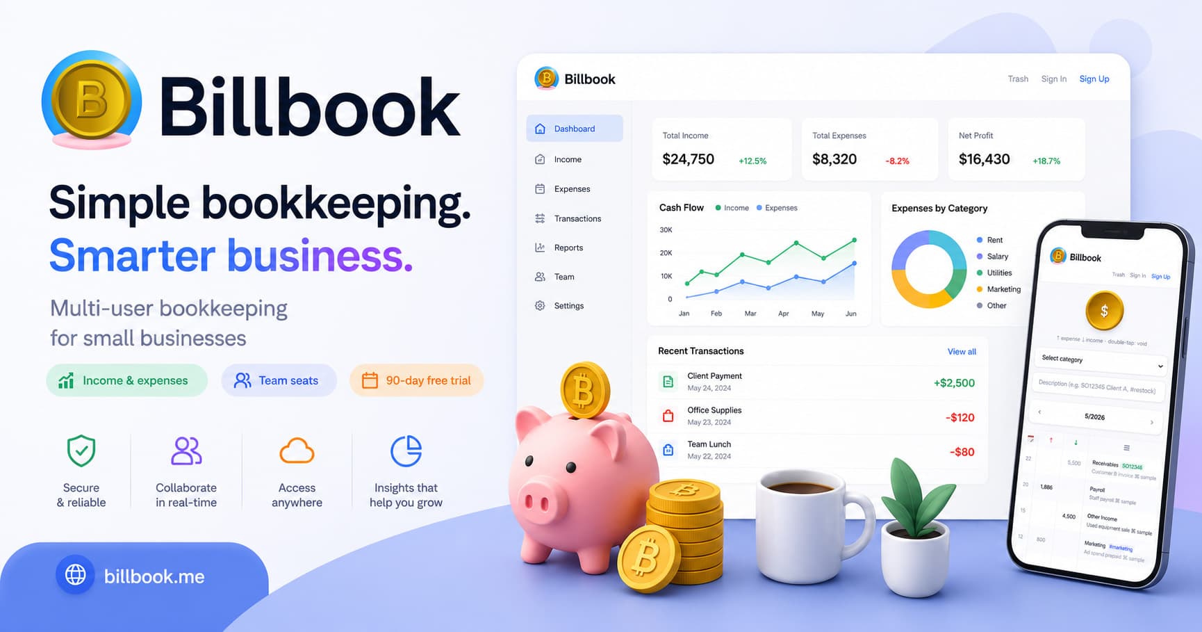 Billbook dashboard: monthly income and expense overview with transaction list